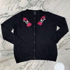 Disney Minnie Mouse‎ Rose Embroidered Cardigan Sweater Black Womens